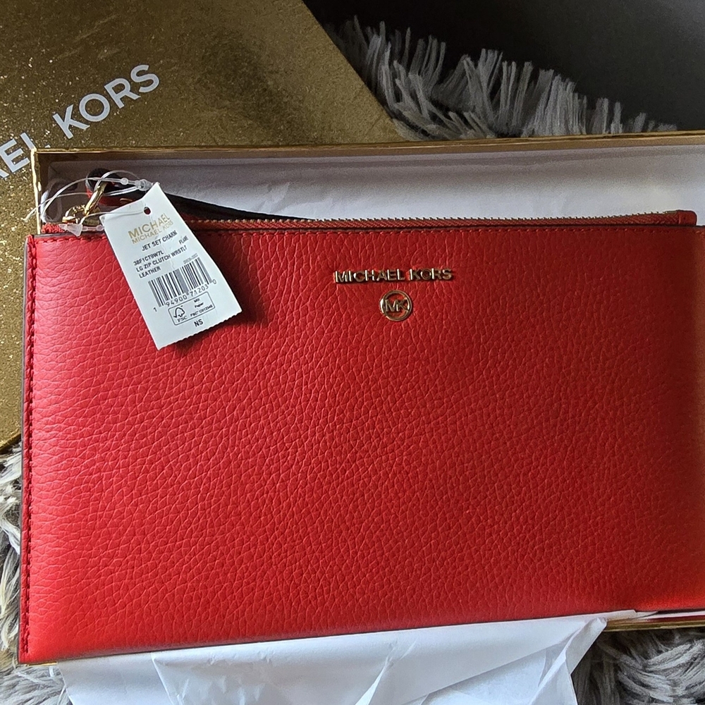 NWT, MICHAEL by Michael Kors Red Leather Wristlet Clutch, Excellent Condition
